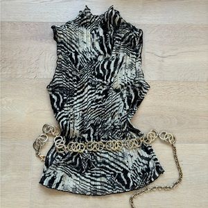 VINTAGE Zebra Print Pleated Mock Neck Top